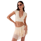Damen Crop-Top mit raffiniertem Spitzenbesatz und verspieltem Minirock R&B