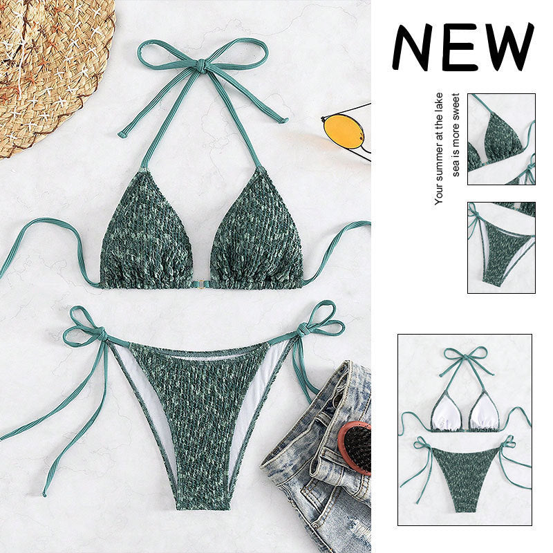 Damen Triangel-Bikini mit eleganten Bindändern und rippierter Textur