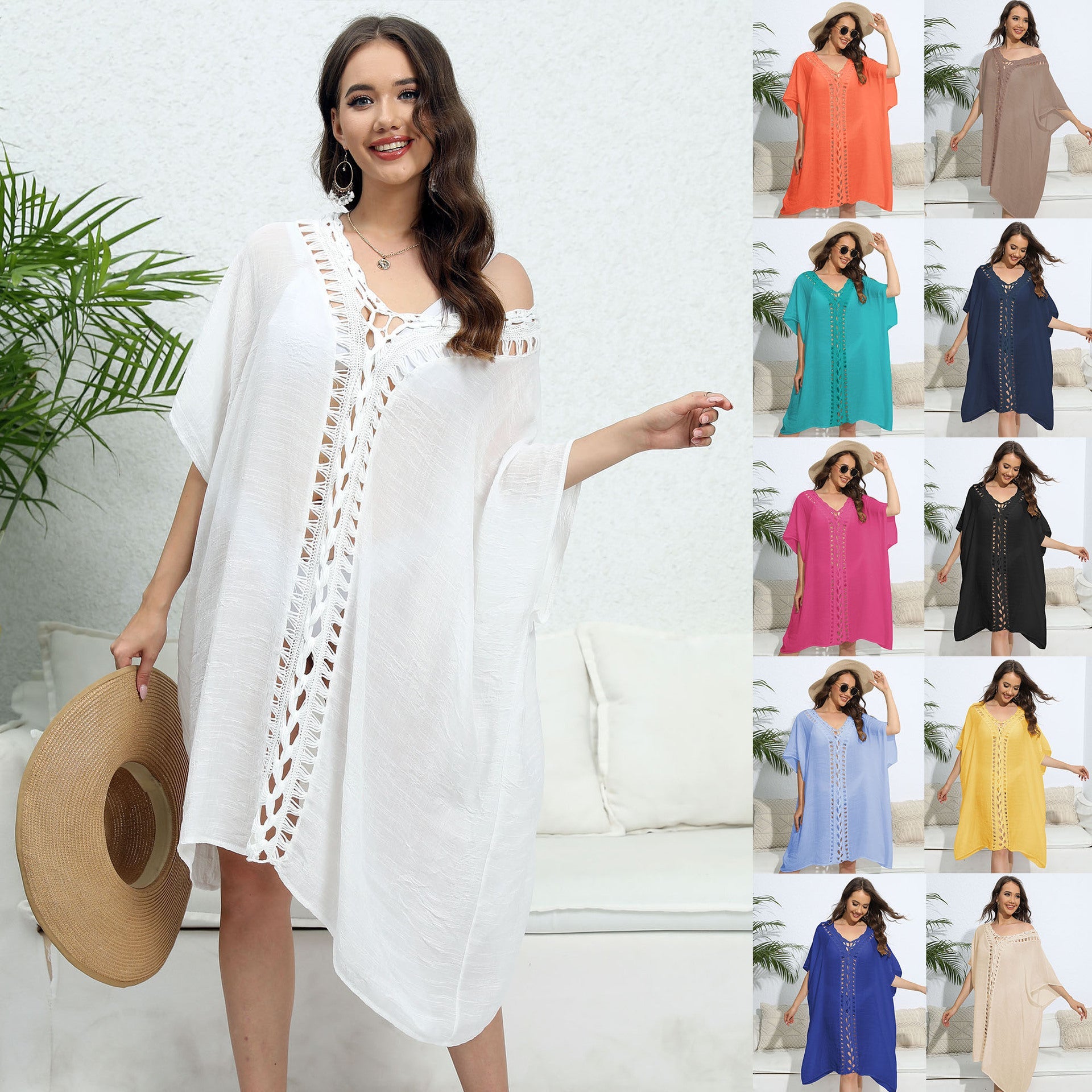 Damen luftiger Kaftan mit filigranem Häkelmuster R&B