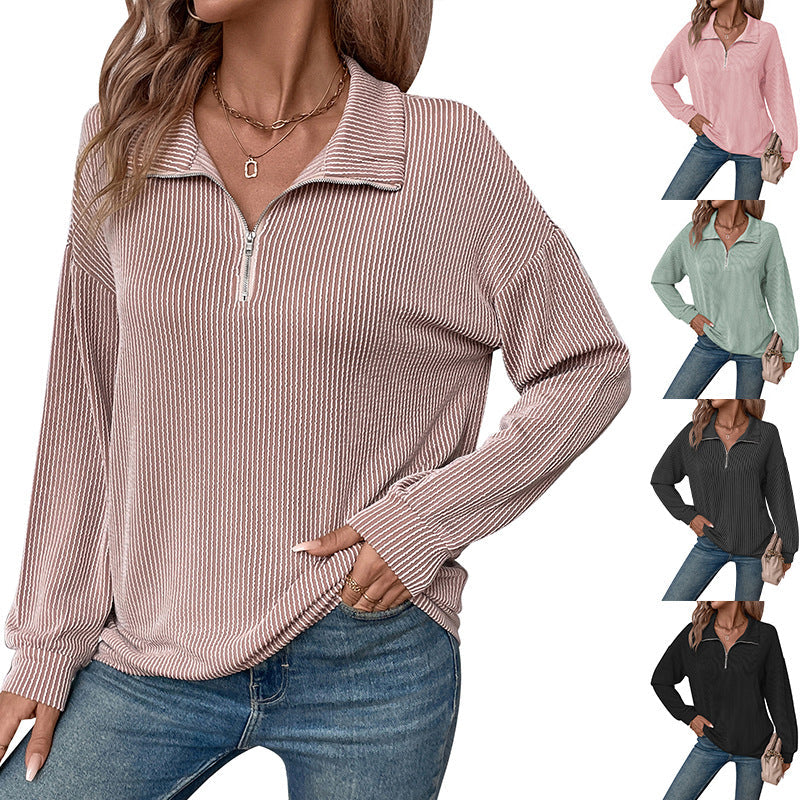 Damen lässiger Pullover mit Reißverschluss und gestreiftem Design R&B