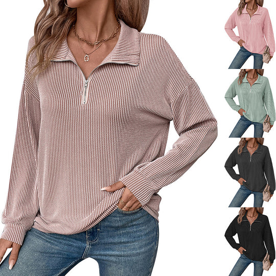 Damen lässiger Pullover mit Reißverschluss und gestreiftem Design R&B