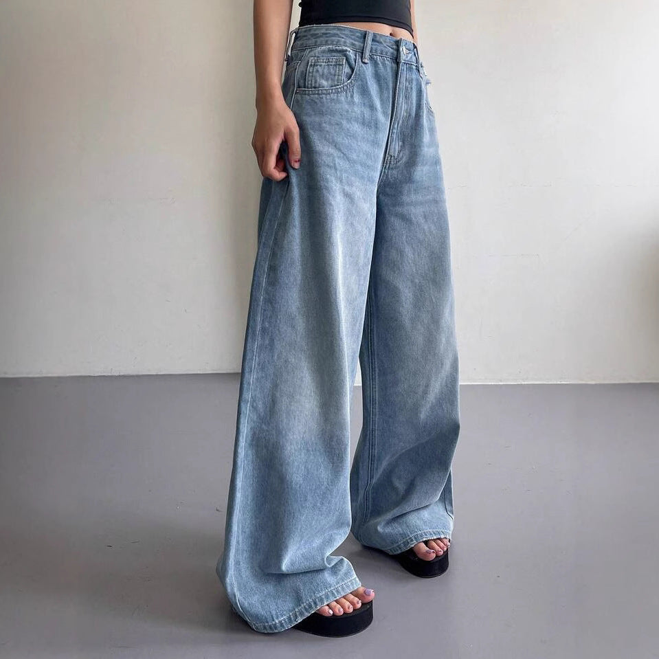 Damen Weite Jeanshose im lässigen Style mit hohem Bund und modischen Details R&B