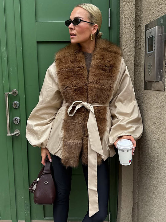 Damen modische Übergangsjacke mit voluminösen Ärmeln und luxuriösem Kunstpelzkragen R&B