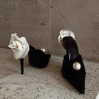 Damen stilvolle High Heel Mules mit zarter Blumenapplikation R&B