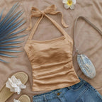 Damen Trägershirt mit dekorativem Knoten und wellenförmigem Design R&B
