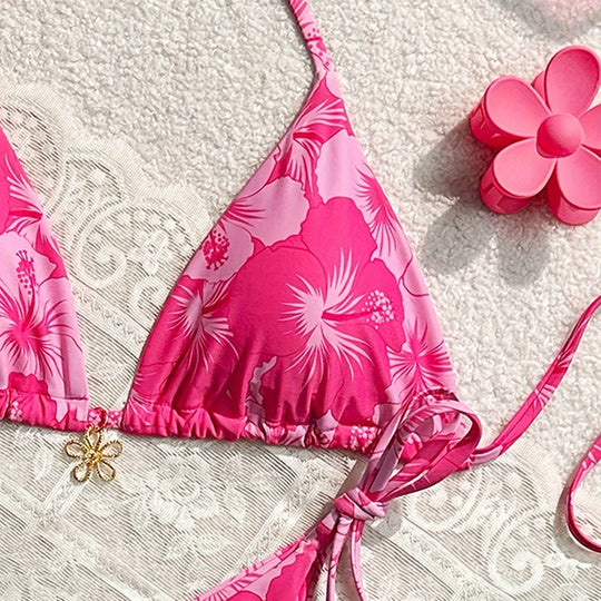 Damen Triangel-Bikini mit floralen Akzenten und verstellbaren Bindebändern R&B