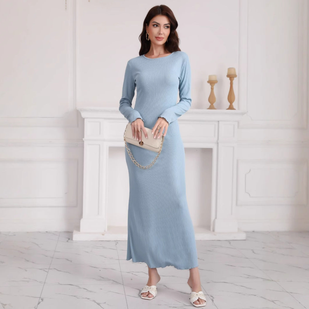 Damen Langarm Maxikleid aus hochwertigem Rippstrickstoff mit elegantem Schlitz R&B