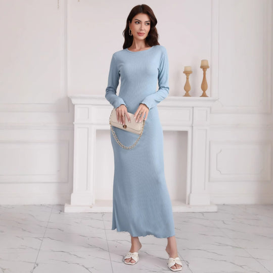 Damen Langarm Maxikleid aus hochwertigem Rippstrickstoff mit elegantem Schlitz R&B
