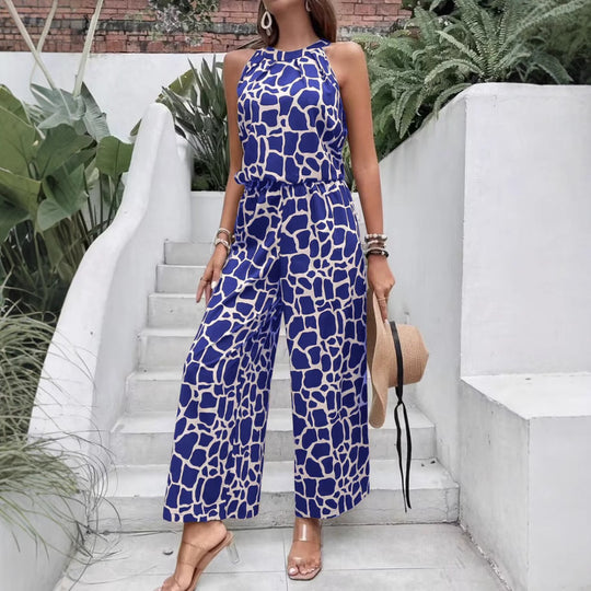 Damen edgy Jumpsuit mit Giraffenmuster und weitem Bein R&B