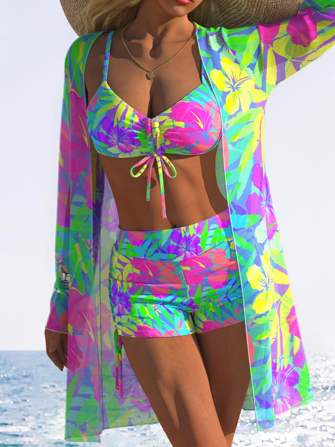 Damen Bikiniset mit floralem Design und schwingendem Kimono R&B