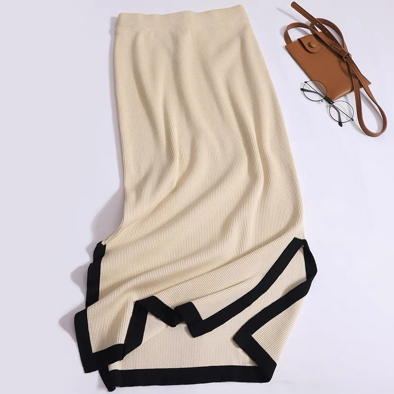 Damen modisches Strick-Loungewear-Set mit dekorativem Kontrastsaum R&B