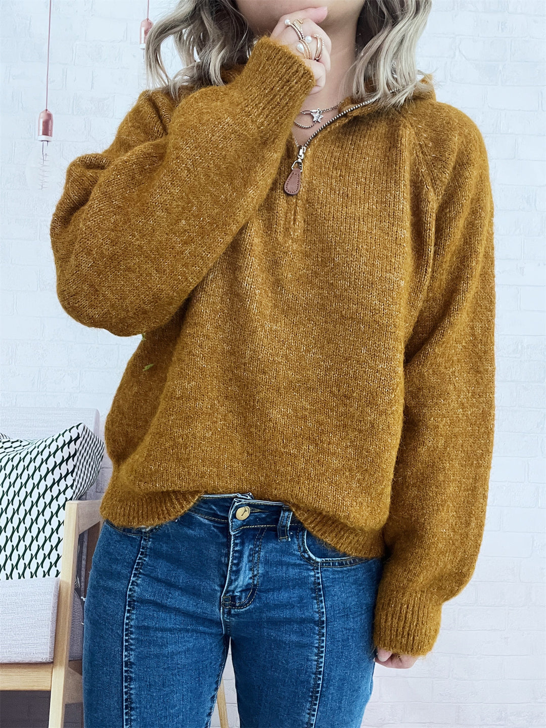 Damen kuscheliger Kapuzenpullover mit Zipper und modernem Rippdesign R&B