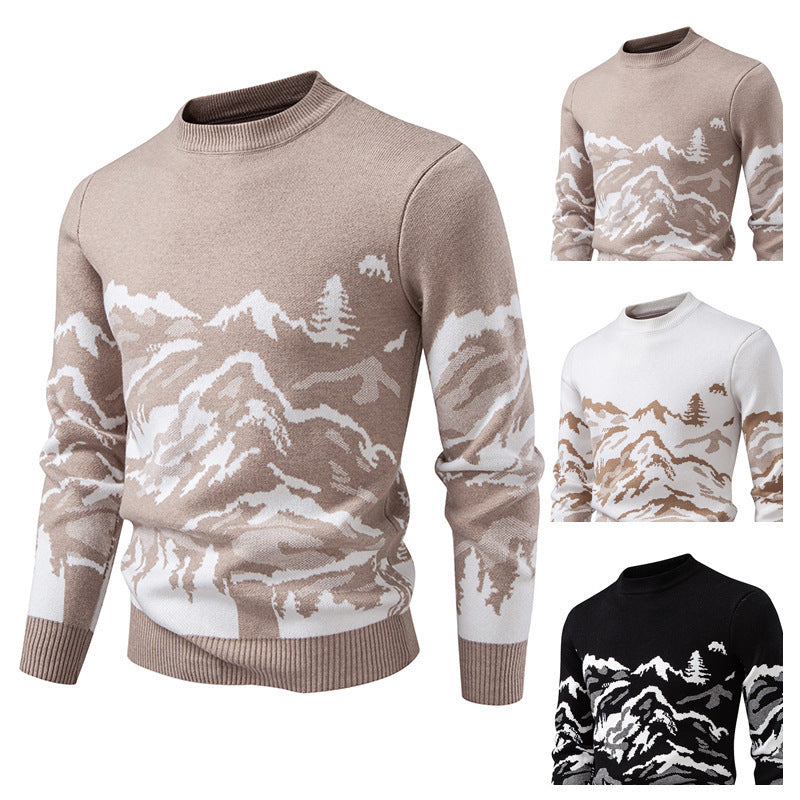Herren Strickpullover mit Bergmotiv und hohem Kragen R&B