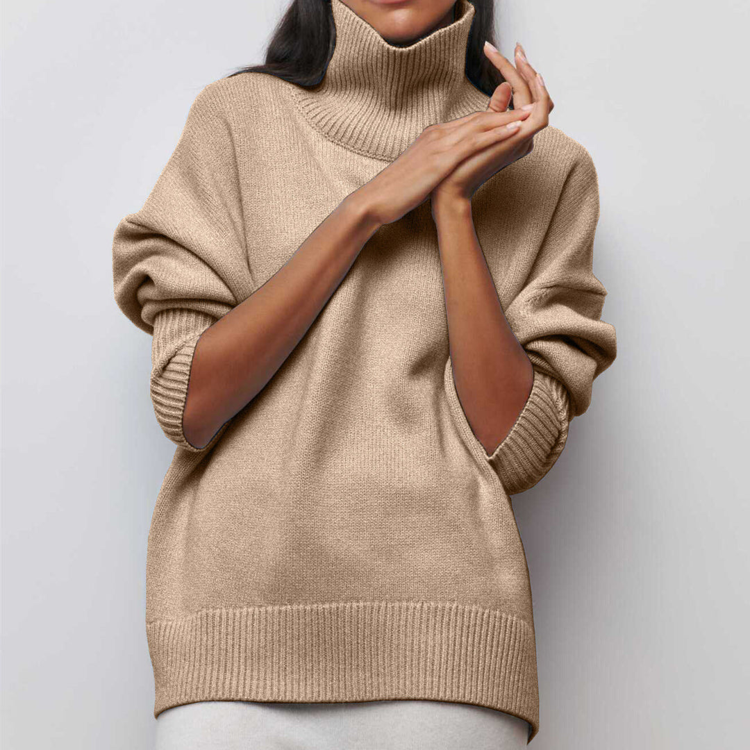 Damen Modischer Rollkragenpullover mit lässigen Oversized-Ärmeln und feinem Strukturstrick R&B