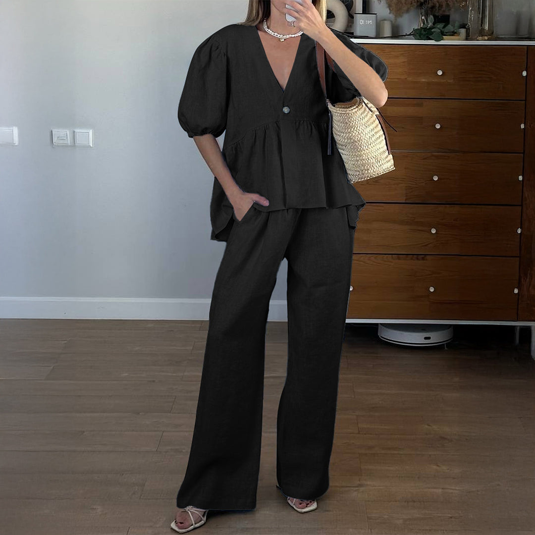 Damen elegantes Oberteil mit hohem Bund und weiten Hosen R&B