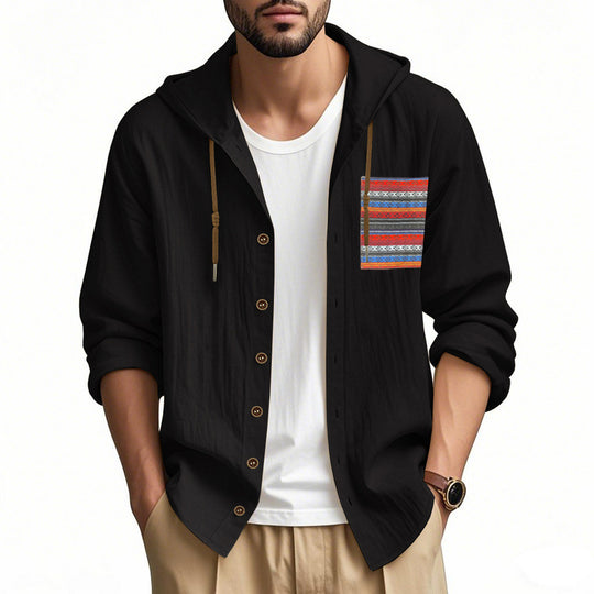 Herren nan leichte Kapuzenhemdjacke aus strukturierter Baumwollmischung mit Ethno‑Brusttasche und Knopfleiste R&B