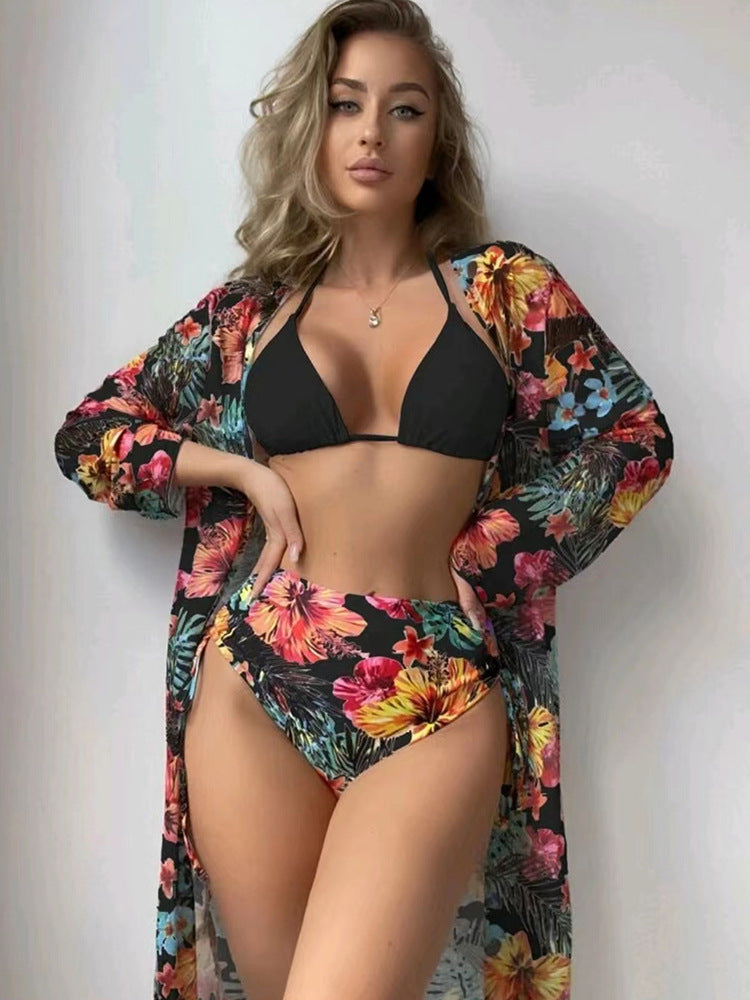 Damen Bikiniset mit hohem Bund und floralem Überwurf R&B