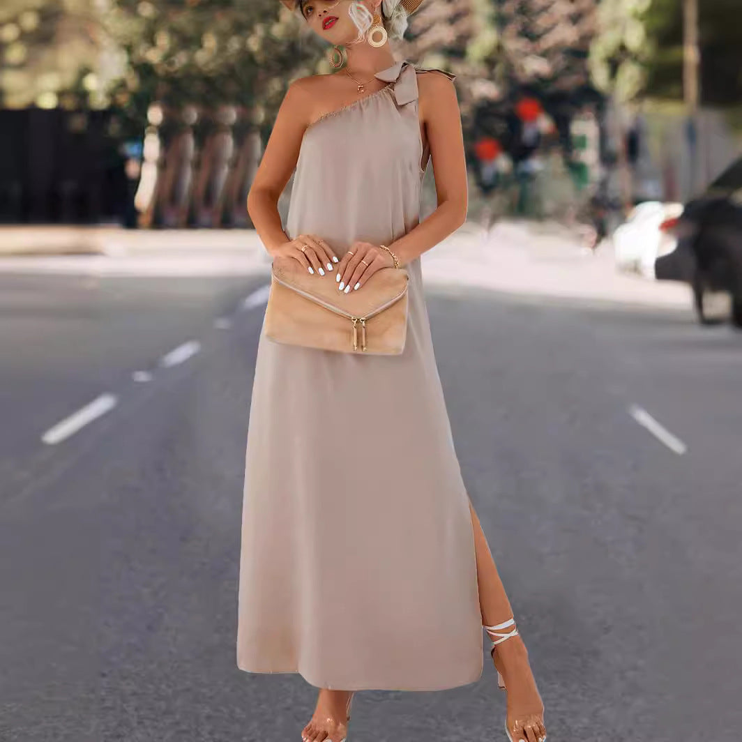 Damen Maxikleid mit asymmetrischem Träger und Seitenschlitz R&B