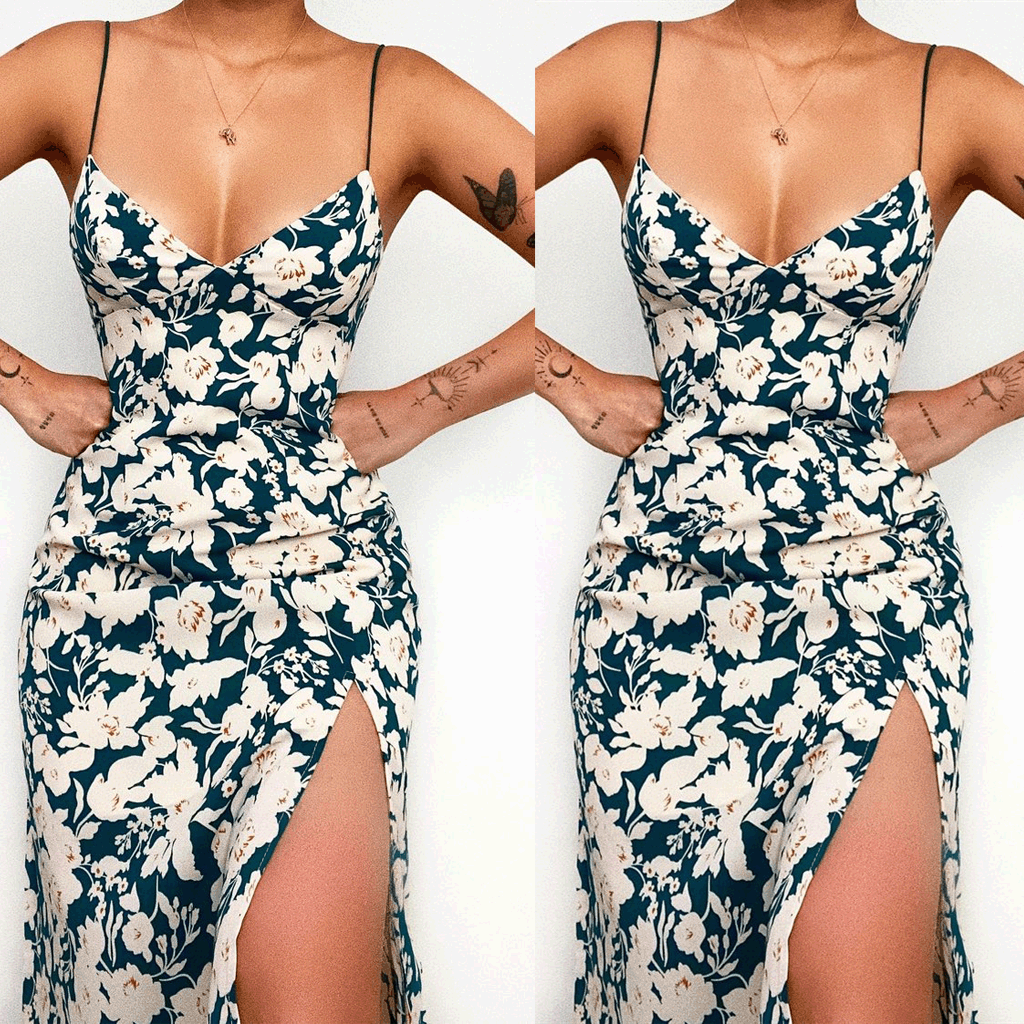 Damen Spaghettiträger Maxikleid mit floralem Design und hohem Schlitz R&B