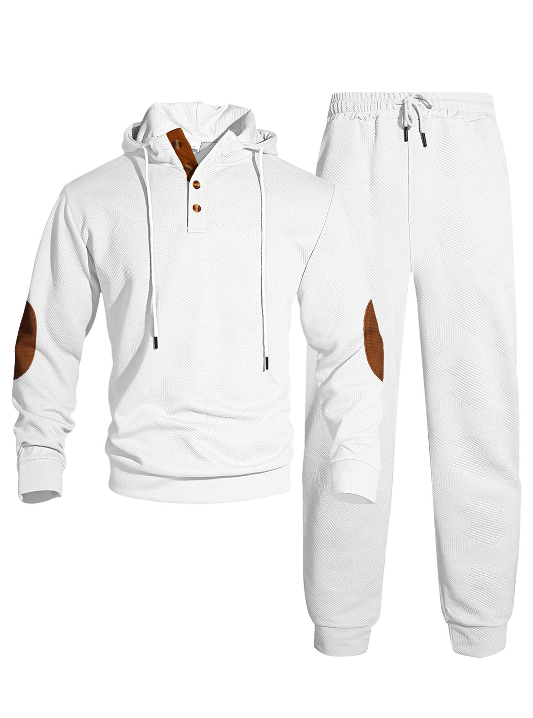 Herren nan Waffelstruktur Henley-Kapuzen-Set mit Holzknopfleiste Ellbogen-Patches und konischer Jogginghose R&B