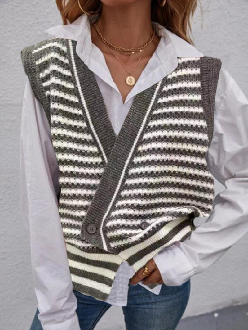 Damen Strickweste mit modischem Streifenmuster und doppeltem Knopfverschluss R&B