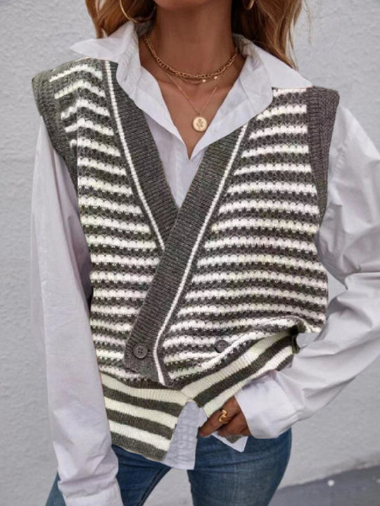 Damen Strickweste mit modischem Streifenmuster und doppeltem Knopfverschluss R&B