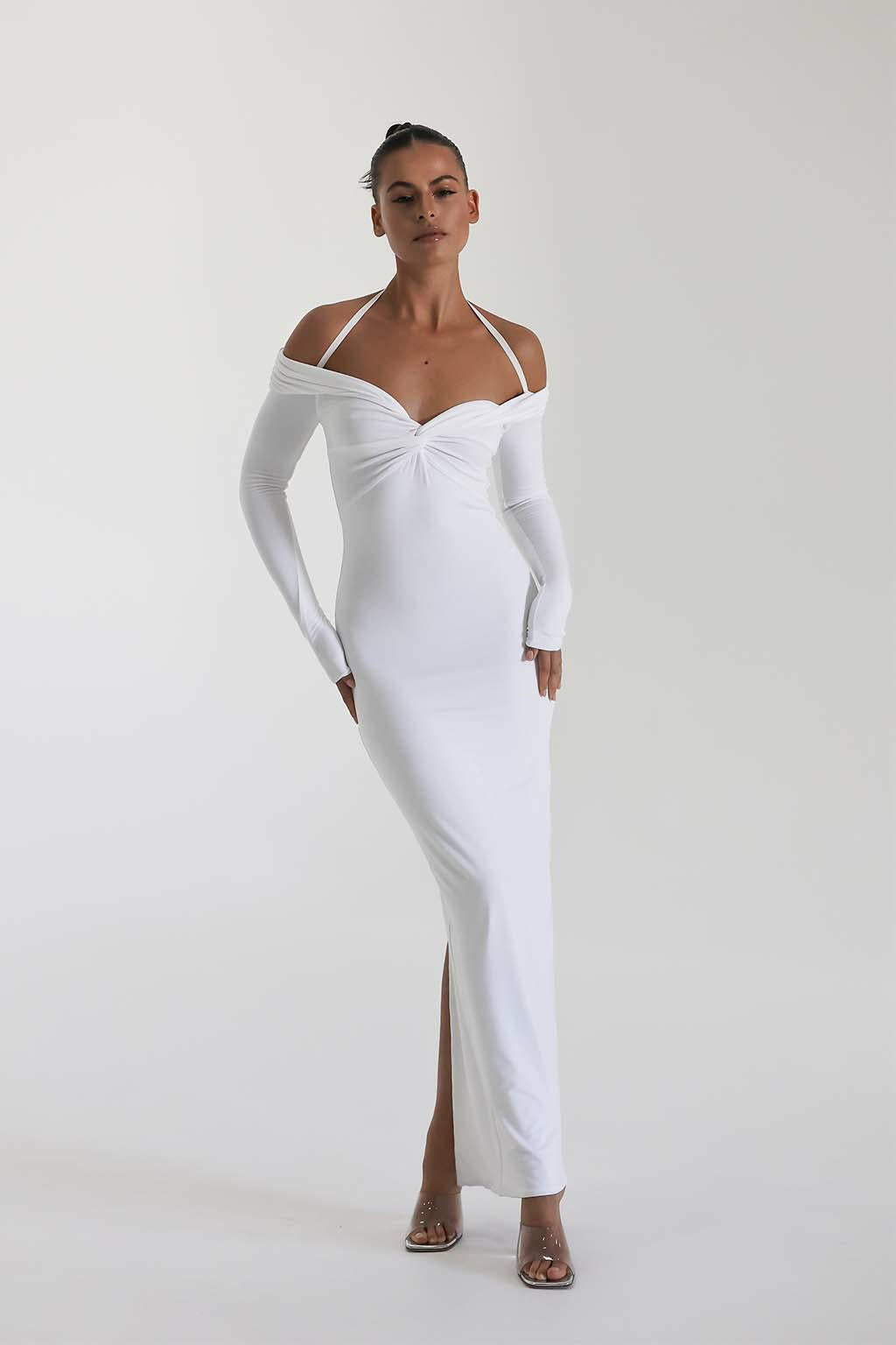 Damen Maxi-Kleid mit Off-Shoulder Design und elegantem Schlitz R&B