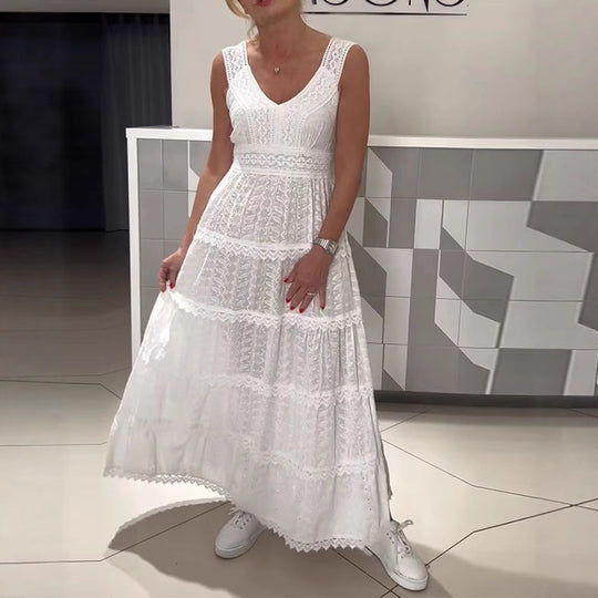 Damen nan ärmelloses Boho-Spitzen-Lagenmaxikleid mit V-Ausschnitt und Empire-Taille R&B