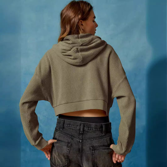 Damen lässiges Waffelstruktur-Zip-Hoodie mit weit geschnittenen Ärmeln R&B