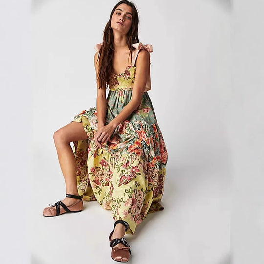Damen Maxikleid mit floralen Mustern und voluminösem Rock R&B