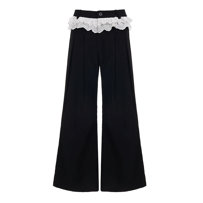 Damen Elegante weite High-Waist-Hose mit Spitzenbesatz R&B
