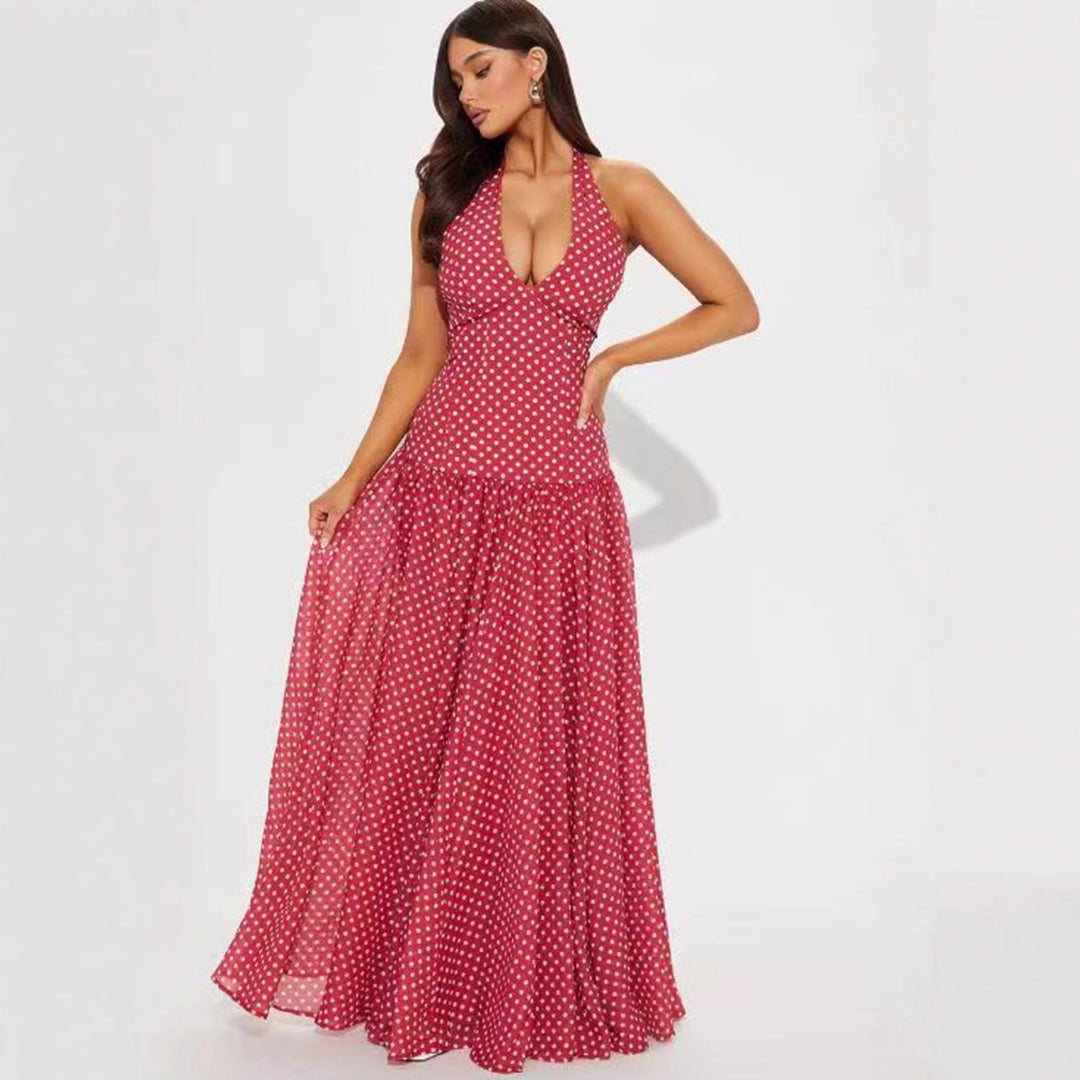 Damen nan langes Neckholderkleid mit tiefem V-Ausschnitt, taillierter Empire-Naht und schwingendem Stufenrock R&B