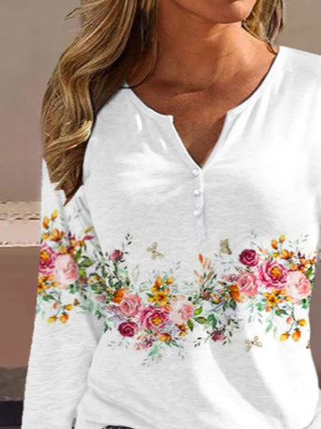 Damen Langarmshirt mit floralem Motiv und Knopfdetails R&B