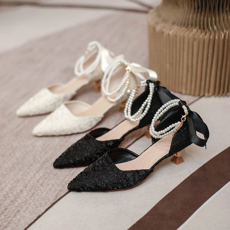 Damen elegante spitze Slingback-Pumps mit luxuriösem Perlenschmuck