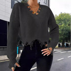 Damen Oversized Strickpullover mit fransigem Saum und raffiniertem Ausschnitt R&B