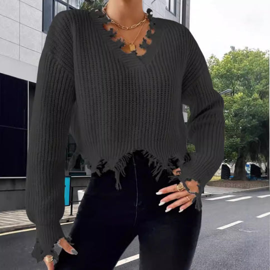 Damen Oversized Strickpullover mit fransigem Saum und raffiniertem Ausschnitt R&B