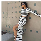 Damen modisches Zweiteiler-Set mit gestreiftem Crop-Top und langer Rock R&B