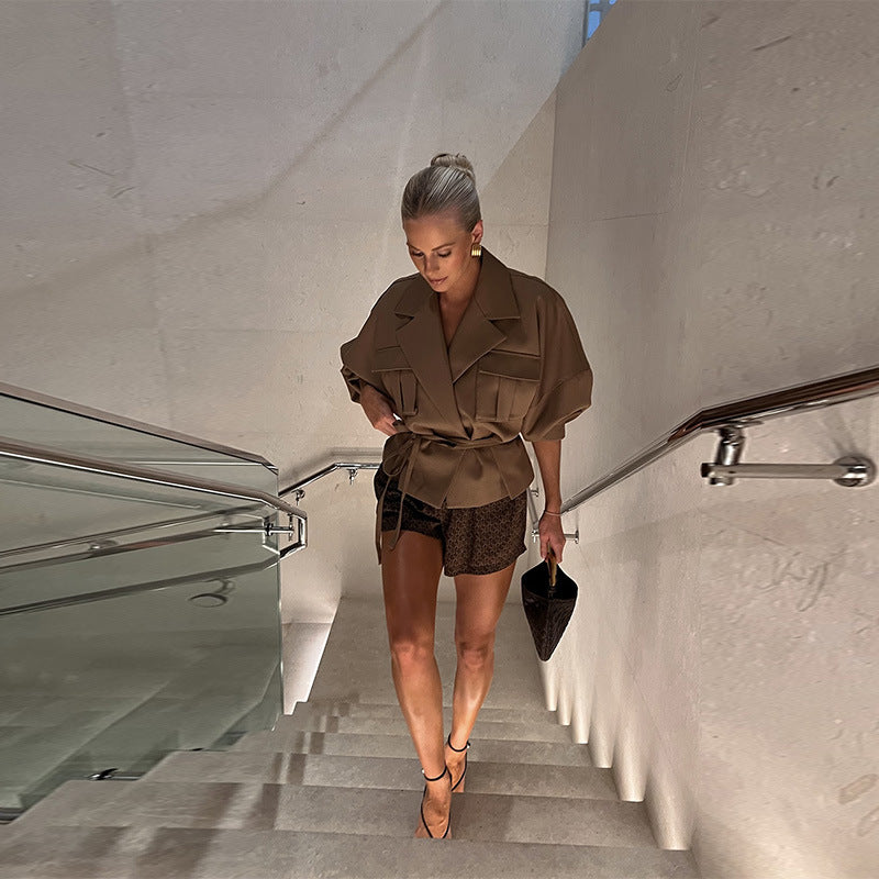 Damen modische Jacket mit Gürtel und großzügigen Taschen R&B