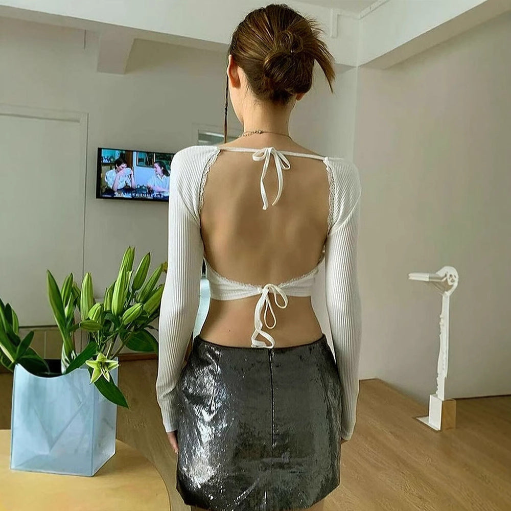 Damen Crop-Top mit Rüschendetails und Rückenbindung R&B