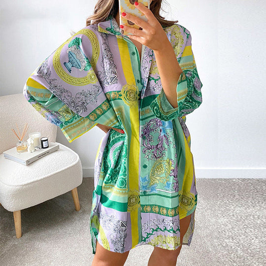 Damen stylisches Oversized-Hemdkleid mit buntem Muster und weit geschnittenen Ärmeln R&B