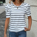 Damen gestreiftes T-Shirt mit Puffärmeln und Rundhalsausschnitt R&B