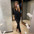 Damen Glamouröser Jumpsuit mit tiefem V-Ausschnitt und Taillengürtel R&B