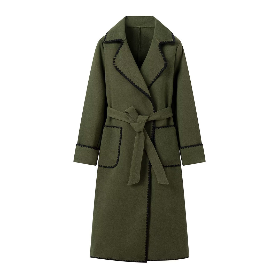 Damen eleganter Trenchcoat mit dekorativem Kontrastborte und praktischen Taschen R&B