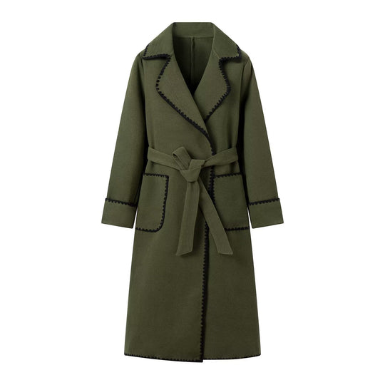 Damen eleganter Trenchcoat mit dekorativem Kontrastborte und praktischen Taschen R&B