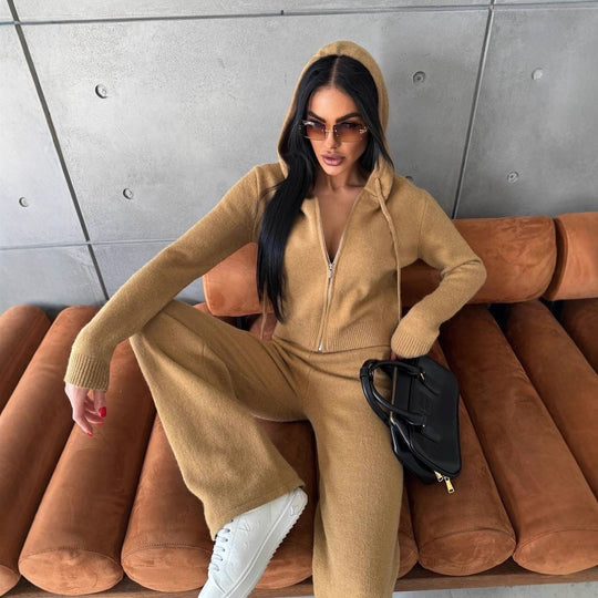 Damen Strickoverall mit modischem Reißverschluss und Kapuze R&B
