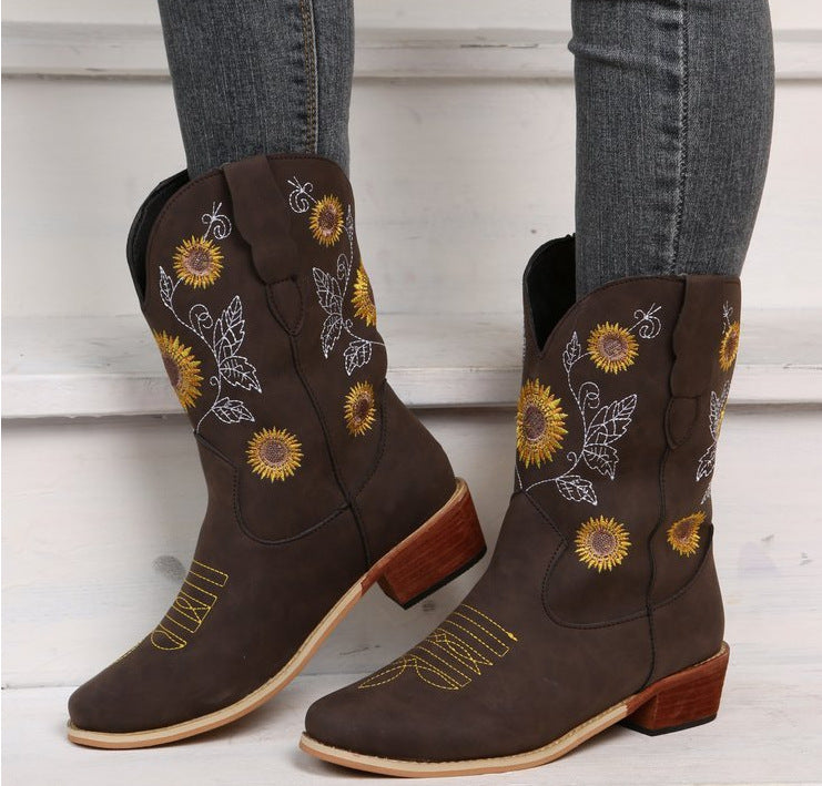 Damen Cowboy-Stiefel mit floralem Stickdesign und robustem Blockabsatz R&B