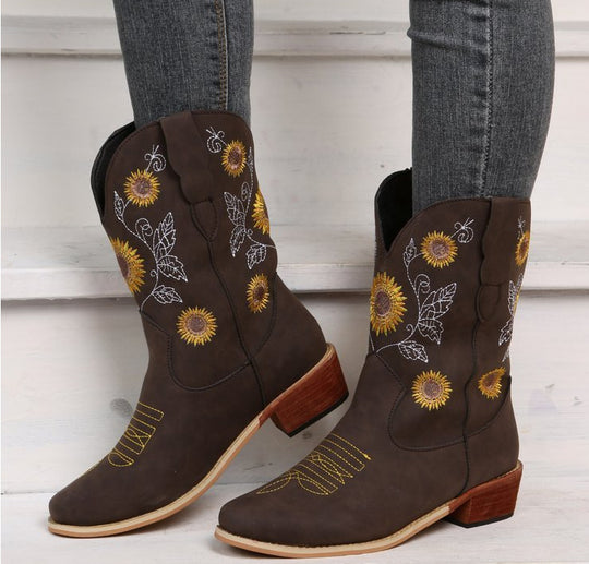 Damen Cowboy-Stiefel mit floralem Stickdesign und robustem Blockabsatz R&B