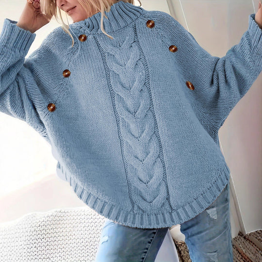 Damen Oversized Strickpullover mit Hochkragen und dekorativen Knopfdetails R&B
