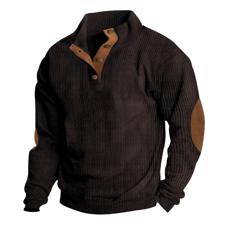 Herren nan gerippter Baumwollmix-Pullover mit Stehkragen, Knopfleiste und Lederoptik-Ellenbogenpatches R&B