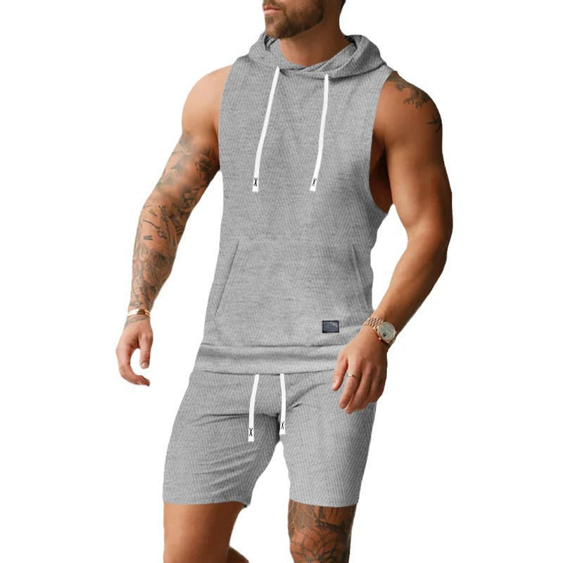 Herren nan ärmelloses Kapuzenweste-Set aus strukturiertem Baumwollmix mit Kängurutasche und Tunnelzug-Shorts R&B